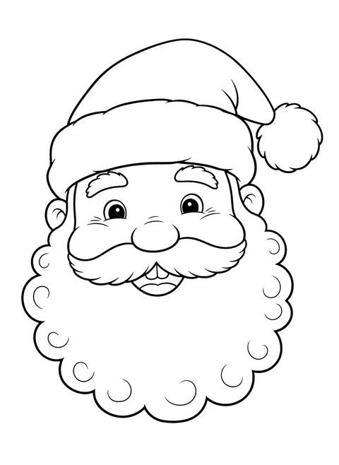 Coloring page of a big smiling Santa face with a pom-pom hat, bushy eyebrows, a round nose, a curly mustache and a wide, curly beard
