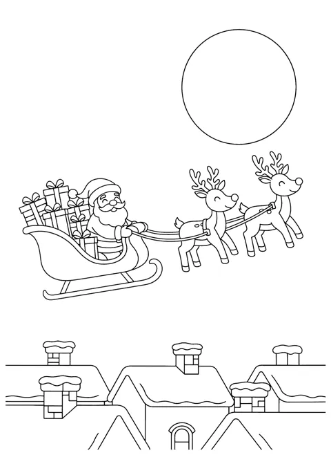 Coloring page of Santa riding a sleigh piled with wrapped presents, pulled by two smiling reindeer under a big round moon, above snowy rooftops and chimneys