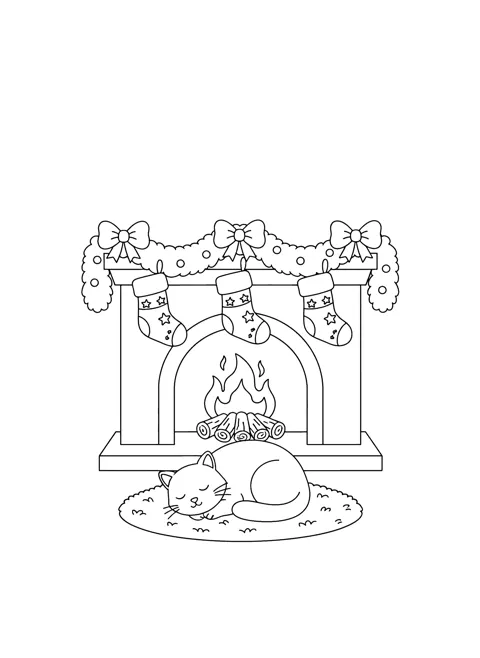 Coloring page of three star-patterned stockings hanging from a mantel draped with a garland of bows, above a crackling log fire, while a cat sleeps curled up on a round rug